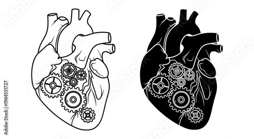 Steampunk anatomical human heart vector, mechanical organ with gears and clockwork cogs, black and white medical illustration set