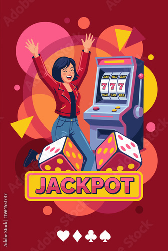 A joyful person expressing excitement after hitting the jackpot on a slot machine, showcasing fun and excitement in a vibrant casino atmosphere with bold colors.
