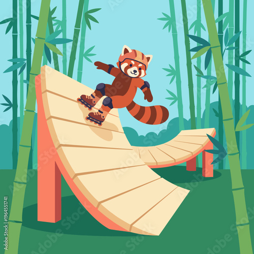 A charming illustration of a red panda skating on a ramp, representing joy, playfulness, and youthful spirit, encapsulating a vibrant atmosphere in a fun and creative bamboo setting.