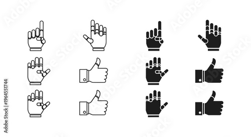 Robotic hand icons set with 12 vector elements, futuristic cyborg arm gestures in line and glyph styles, artificial intelligence prosthetic hand symbols