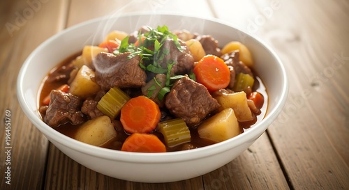 Delicious beef stew with vegetables and fresh herbs served in a white bowl on wooden surface