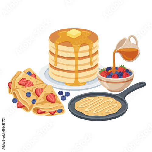 A delightful assortment of breakfast items featuring pancakes and crepes topped with butter and syrup, showcasing the joy of a scrumptious morning meal.
