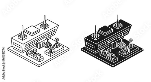 Isometric futuristic building vector set, modern architectural complex in line art and solid black styles, sci-fi research facility icons