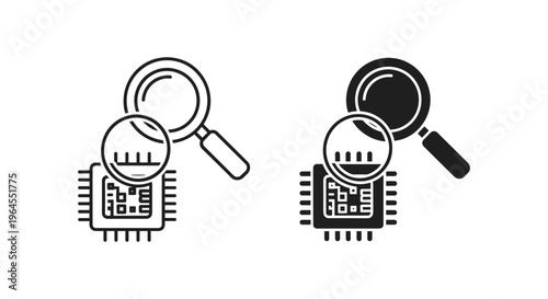 Microchip inspection icons with magnifying glass, computer processor analysis symbols, electronic circuit testing vector set in black and white