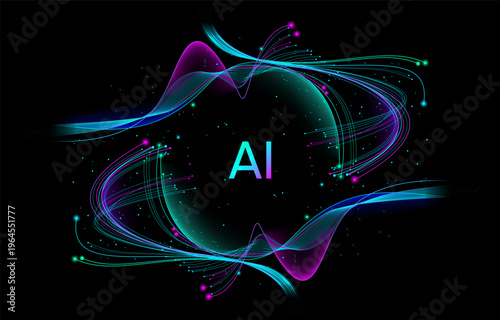 Illustration of abstract stream, AI brain concept. Artificial intelligence. Big data, technology, AI, data transfer, data flow, large language model, generative AI, LLM, NLP. NLG	
