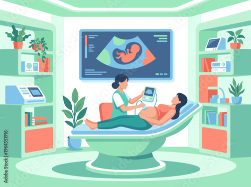 An intimate and calming illustration showing a healthcare professional conducting an ultrasound on a pregnant woman, highlighting the joy and anticipation of motherhood.