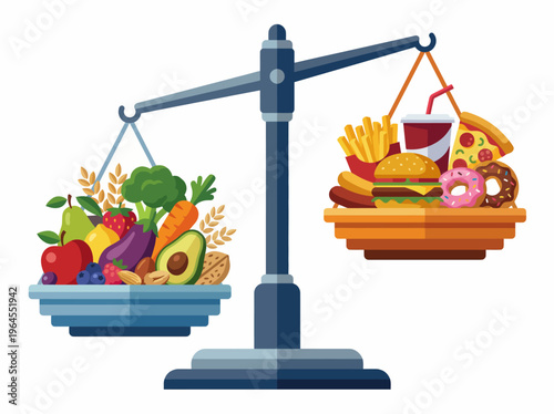 This illustration features a balance scale weighing healthy food against junk food, emphasizing the importance of lifestyle choices and nutrition in health and well-being.
