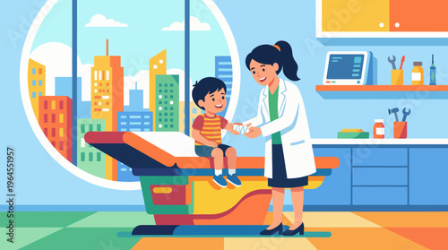A cheerful scene depicting a child receiving a check-up from a friendly doctor, highlighting the themes of trust, healthcare, and the importance of children's health.