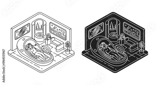 Isometric futuristic medical clinic vector, patient in high-tech MRI scanner pod, modern laboratory interior with diagnostic equipment and screens