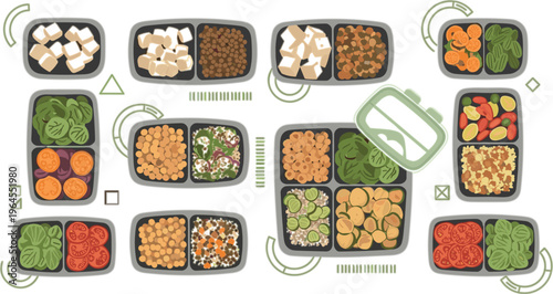 Healthy meal prep containers vector set with plant based foods, vegetables, protein portions and balanced diet lunch boxes in flat illustration style