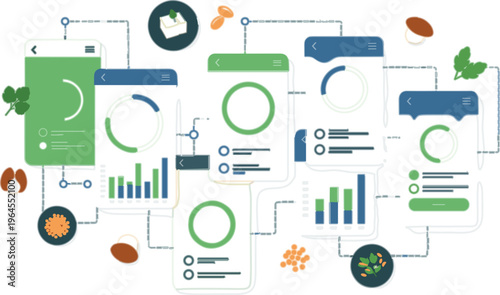 Smart agriculture dashboard vector with data analytics, plant monitoring, farm management system, digital interface panels and connected workflow technology illustration