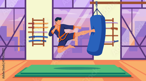 A dynamic depiction of a martial artist executing a high kick on a training bag inside a modern gym, representing strength, focus, and dedication in martial arts practice.