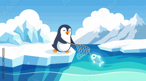 A playful penguin is depicted catching fish on ice, embodying the spirit of survival, playfulness, and the beauty of nature in icy environments.