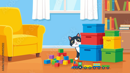 A playful cat peeks from behind colorful blocks in a bright, cheerful room, emphasizing a fun and cozy atmosphere for pets and children alike in a vibrant indoor space.