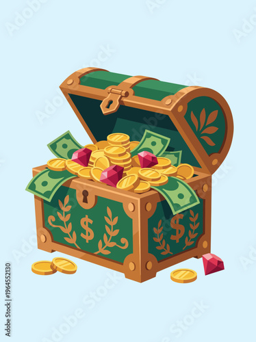 A beautifully designed treasure chest overflowing with coins, bills, and gemstones, symbolizing wealth, adventure, and discovery in an imaginative way.