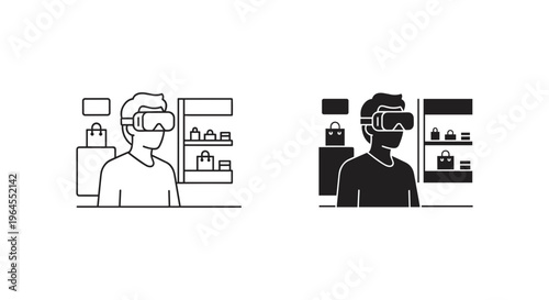Virtual reality shopping icon set, man wearing VR headset in digital store, metaverse retail experience vector, augmented reality commerce concept