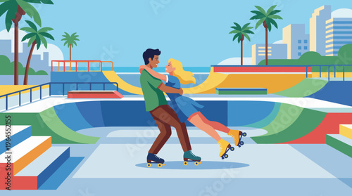 A lively illustration depicting a couple roller skating together in a vibrant skate park, symbolizing freedom, fun, and youthful exuberance in an energetic urban atmosphere.