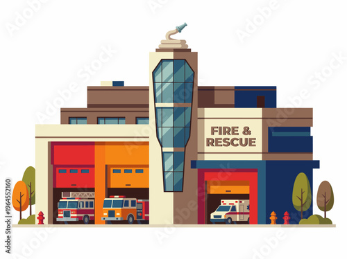 A vibrant illustration of a modern fire and rescue station complete with emergency vehicles, showcasing the importance of safety and community service in an appealing design.
