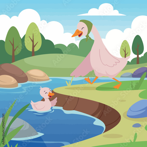 This heartwarming scene of a mother goose walking with her duckling by a serene stream captures the beauty of nature and the bond of family in a playful, illustrative style.
