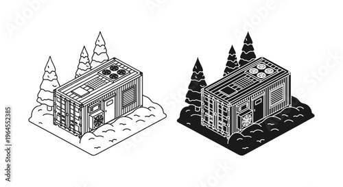 Isometric shipping container house vector, modern tiny home in winter forest, modular cabin architecture icons in black and white line art