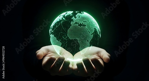Hands holding a glowing digital Earth globe against a dark background