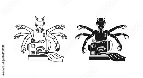Futuristic robot tailor using sewing machine, multi-armed cyborg seamstress vector icons, automated textile manufacturing and fashion technology