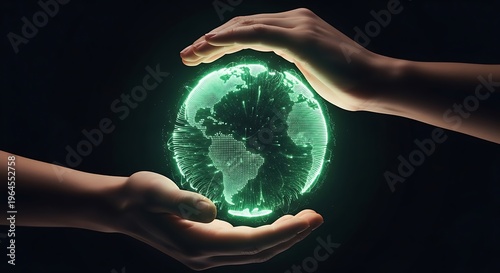 Hands holding a glowing digital globe with Earth's continents illuminated in green against a dark background