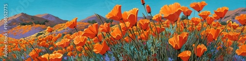 Vibrant Panoramic Painting of California Orange Poppy Field in Bloom with Mountain Backdrop Digital Impressionist Art Style Featuring Bright Wildflowers and Blue Sky for Nature and Spring Background