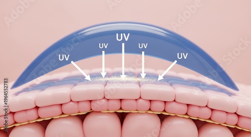UV rays penetrate skin layers. Protection shield blocks harmful radiation. Skin cells are shown in cross-section. Diagram highlights UV exposure reduction. Visual explains sun protection mechanism