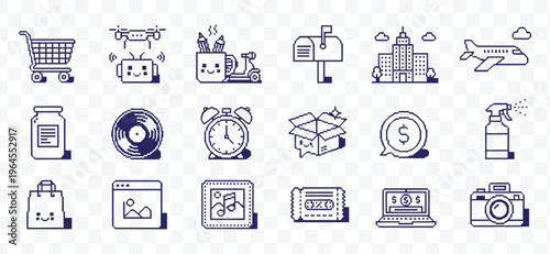 Pixel Art Icons Set Retro Digital Commerce, Technology and Lifestyle Vector Collection for Web and UI Design
