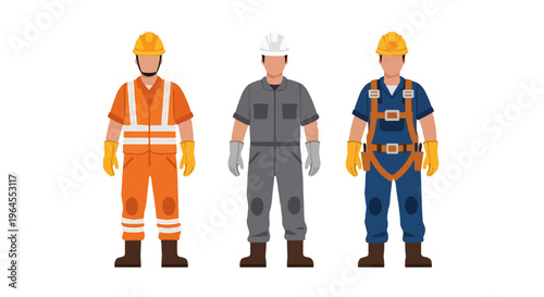 Three industrial workers wearing different colored safety uniforms including orange gear, grey jumpsuits, and blue overalls stand in a row.