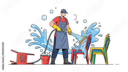Washing chairs: Illustration of person cleaning the chair with water 
