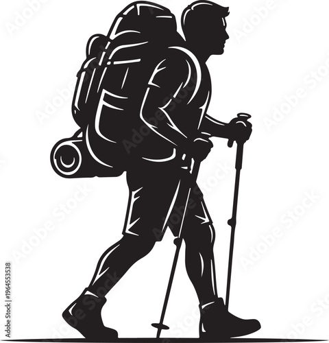 Hiker silhouette, backpacker icon, trekking illustration, outdoor adventure graphic