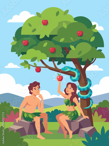 An artistic depiction of the biblical scene where Eve is tempted by a snake to eat an apple, surrounded by a lush landscape illustrating temptation and innocence.