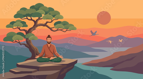 A tranquil scene of a person meditating on a cliff with a lush tree and a beautiful sunset, embodying peace, solitude, and connectedness with nature and self.