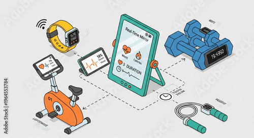 Connected Fitness Equipment - Smartwatch, Tablet, Exercise Bike, and Dumbbells.