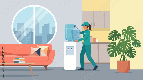 A delivery person carrying a large water bottle enters a modern office space, showcasing a casual and vibrant workplace atmosphere with elements reflecting comfort and utility.