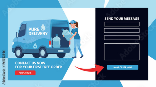 An engaging illustration depicting a delivery woman carrying a water bottle from a delivery van, emphasizing convenience and reliable service for customers.