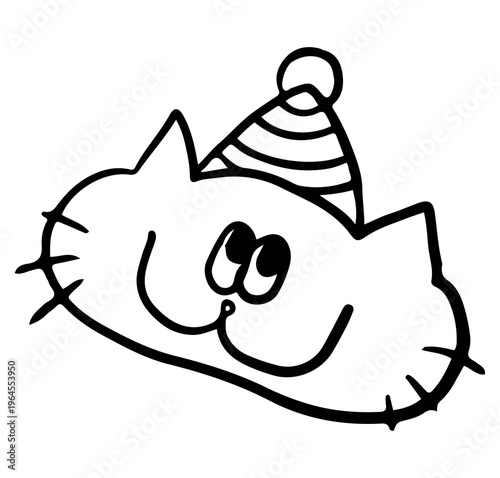 Photography Hand drawn outline of cat wearing party hat for kid colouring book, decoration,