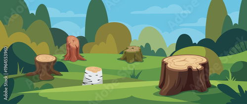 This serene cartoon forest landscape showcases several tree stumps among rolling hills, symbolizing nature's cycle and the beauty found in simplicity and serenity.