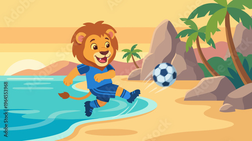 A charming illustration of a cartoon lion kicking a soccer ball on a sandy beach, evoking feelings of joy, playfulness, and summer fun.