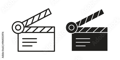 Film clapperboard icons line and solid version, outline and filled vector design set