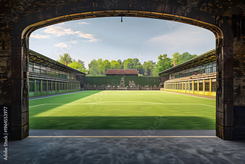 Empty sports stadium field view through arch outdoor arena architecture background