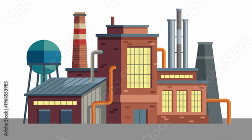 An illustrated industrial factory showcasing colorful pipes, a water tower, and smokestacks, representing manufacturing and modern industry in a contemporary art style.