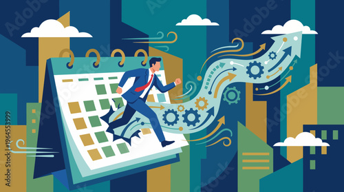 A businessman runs alongside a calendar, symbolizing the urgency of managing time and productivity in a vibrant urban setting filled with gears and motion.
