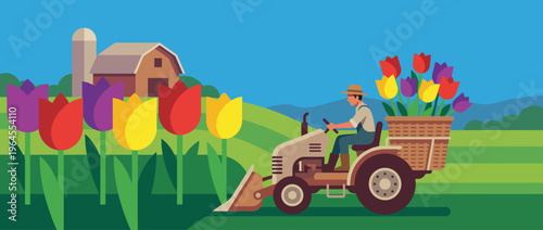 This vibrant illustration showcases a farmer using a tractor in a blooming tulip field, emphasizing the beauty of rural life and nature’s vibrant colors in agriculture.