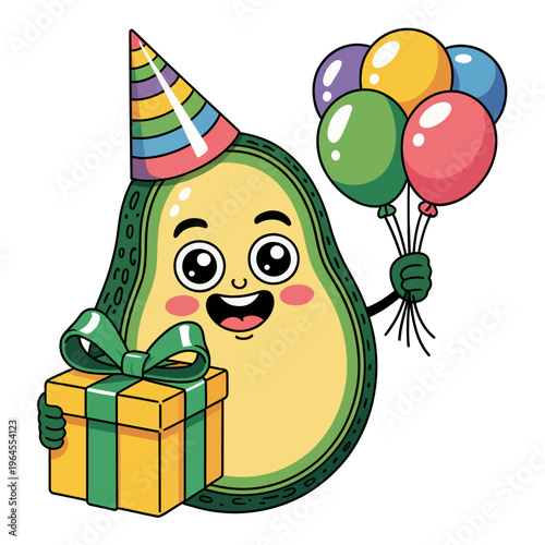 A cheerful avocado character wears a party hat and holds colorful balloons. It smiles widely and clutches a neatly wrapped gift.