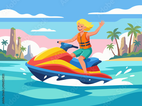 A joyful child rides a colorful jet ski across sparkling blue water, embodying fun and adventure on a sunlit day, surrounded by tropical scenery and a carefree vacation vibe.