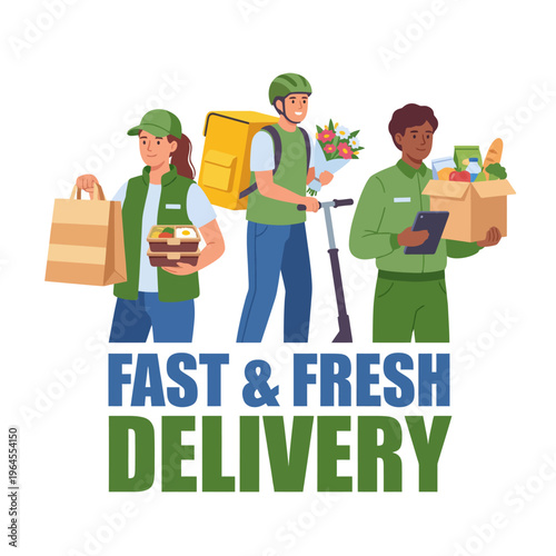 This image showcases a vibrant delivery service team with food and grocery items, depicting convenience, efficiency, and accessibility in modern delivery solutions.