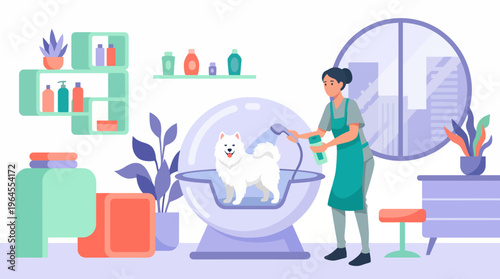 A pet groomer carefully washes a joyful white dog in a stylish salon, highlighting the affection and care given to pets in professional pet grooming settings.